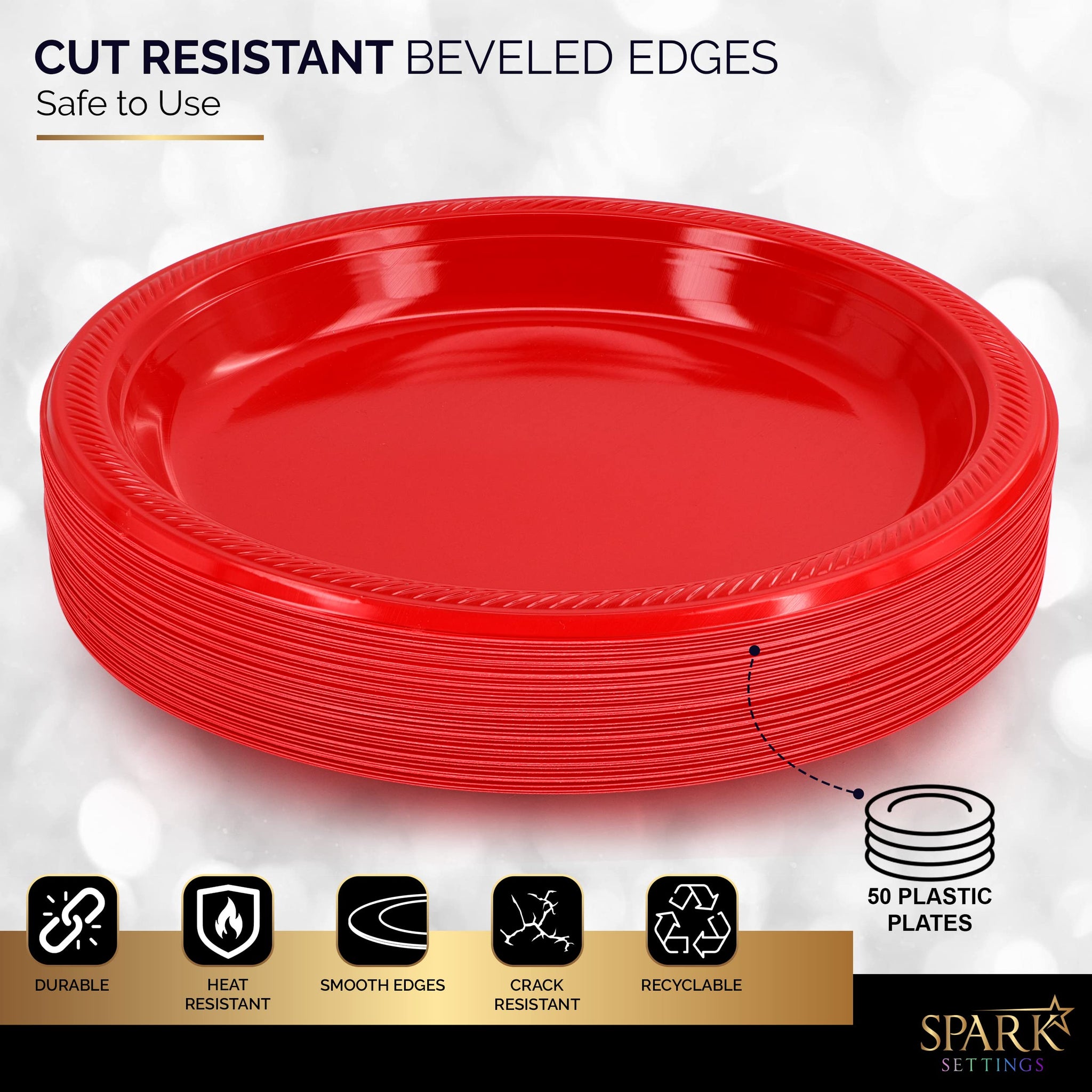 Amcrate Disposable Red Plastic Dinner Plates, 10.4 Inches, Strong and Sturdy for Party, Holiday, Picnic, or Travel - Pack of 50
