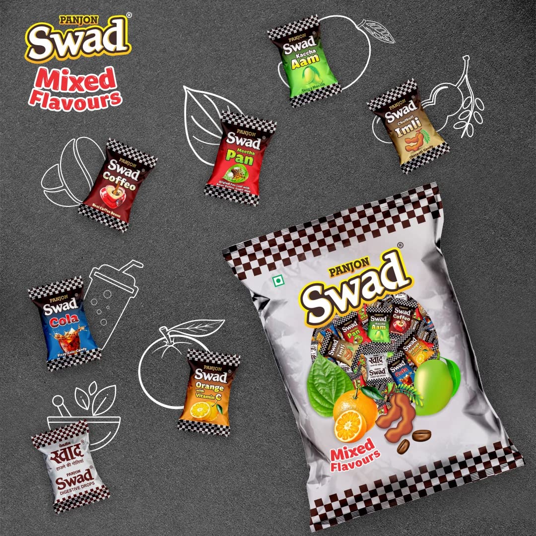 Swad Chocolate Candy (Birthday Pack) [Assorted Mix Toffee Original Kaccha Aam Imli Lemon Guava] 3 Packs x 100 Pcs Pouch 100
