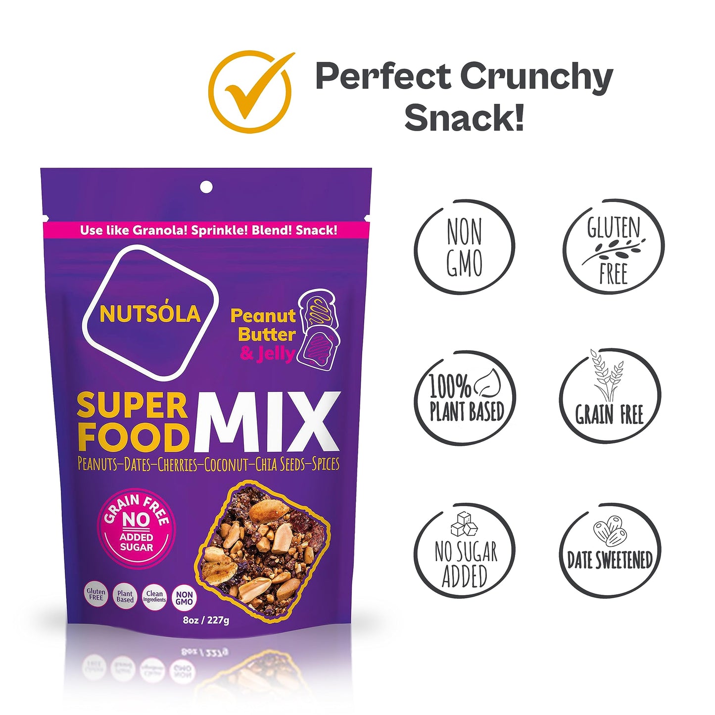 NUTSÓLA Peanut Butter & Jelly Superfood Mix - Gluten Free Snacks & Grain Free Granola Alternative, No Added Sugar, Date Sweetened, Plant Based, Paleo