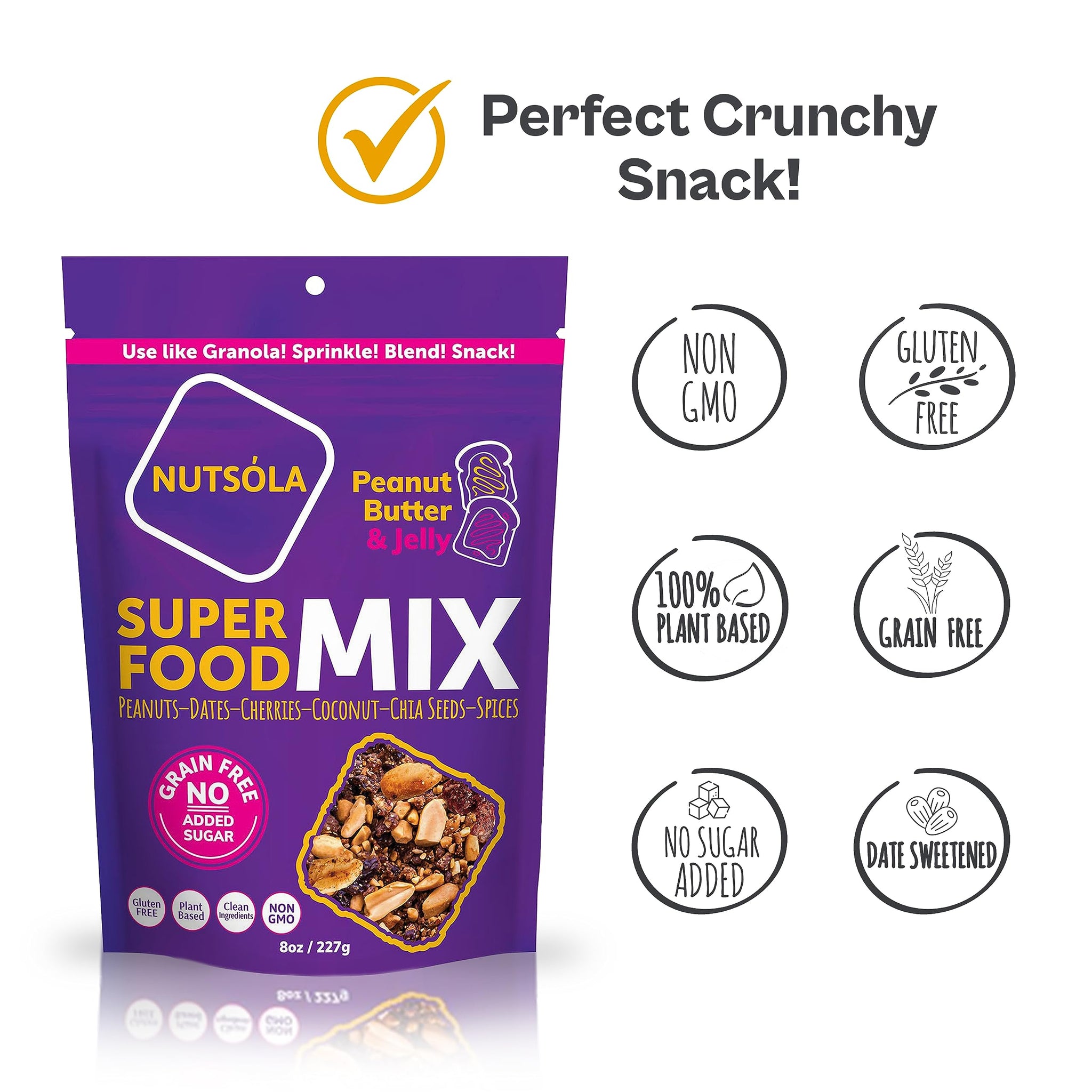 NUTSÓLA Peanut Butter & Jelly Superfood Mix - Gluten Free Snacks & Grain Free Granola Alternative, No Added Sugar, Date Sweetened, Plant Based, Paleo