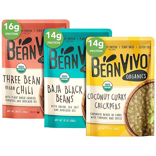 BeanVIVO - Variety 3 Pack (10 oz each) - Organic Baja Black Beans, Three Bean Vegan Chili, Coconut Curry Chickpeas - Seasoned & Ready to Eat, Plant