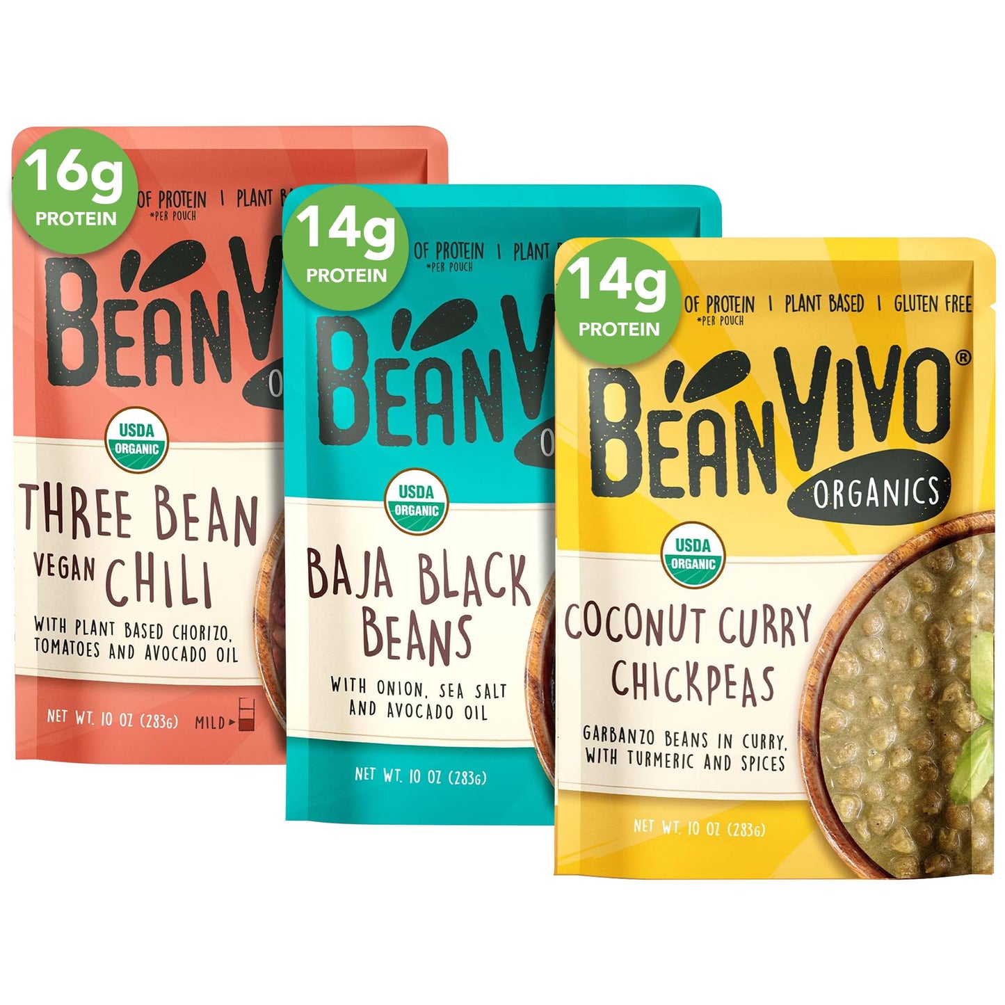 BeanVIVO - Variety 3 Pack (10 oz each) - Organic Baja Black Beans, Three Bean Vegan Chili, Coconut Curry Chickpeas - Seasoned & Ready to Eat, Plant