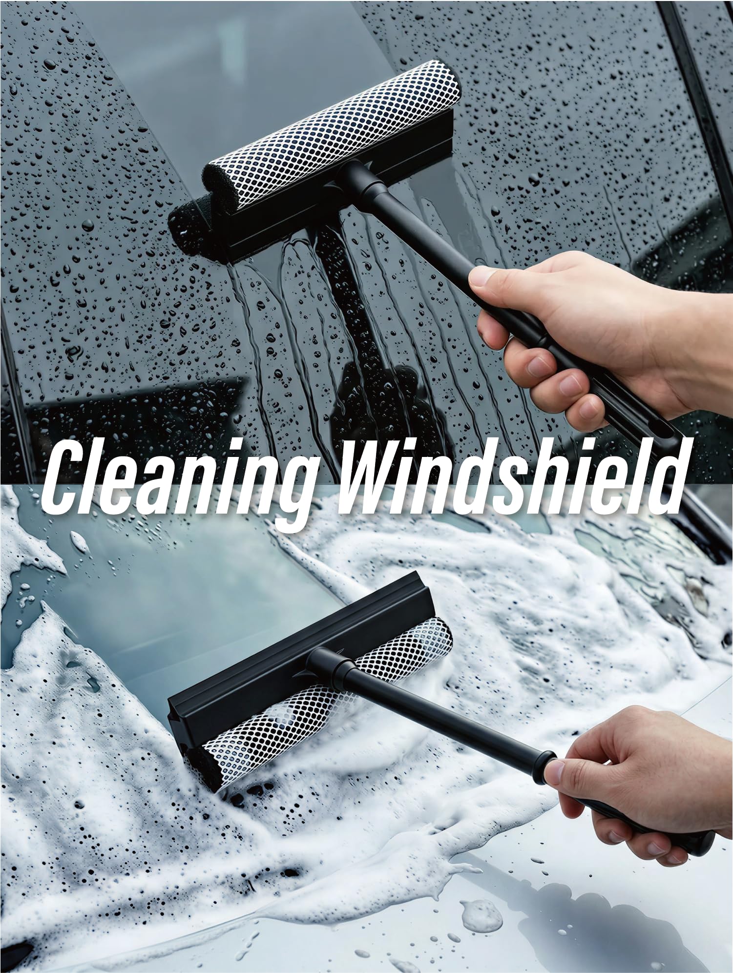 2 in1 Window Squeegee for Car, Window Cleaning Tool with 16inch Long Handle,Sponge Car Window Squeegee for Gas Station, Glass,Shower,Outdoor High