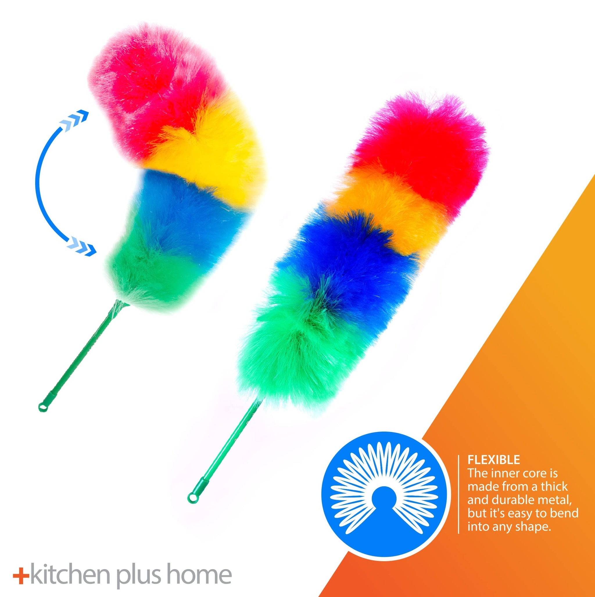 Kitchen + Home Large 27" Inch Static Duster with Bonus 35" Inch Extension Pole - Electrostatic Feather Duster attracts dust Like a Magnet! - Assorted