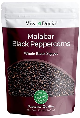 Viva Doria Malabar Black Peppercorns, Whole Black Pepper, Black Peppercorn For Grinder Refills, 12 Ounces