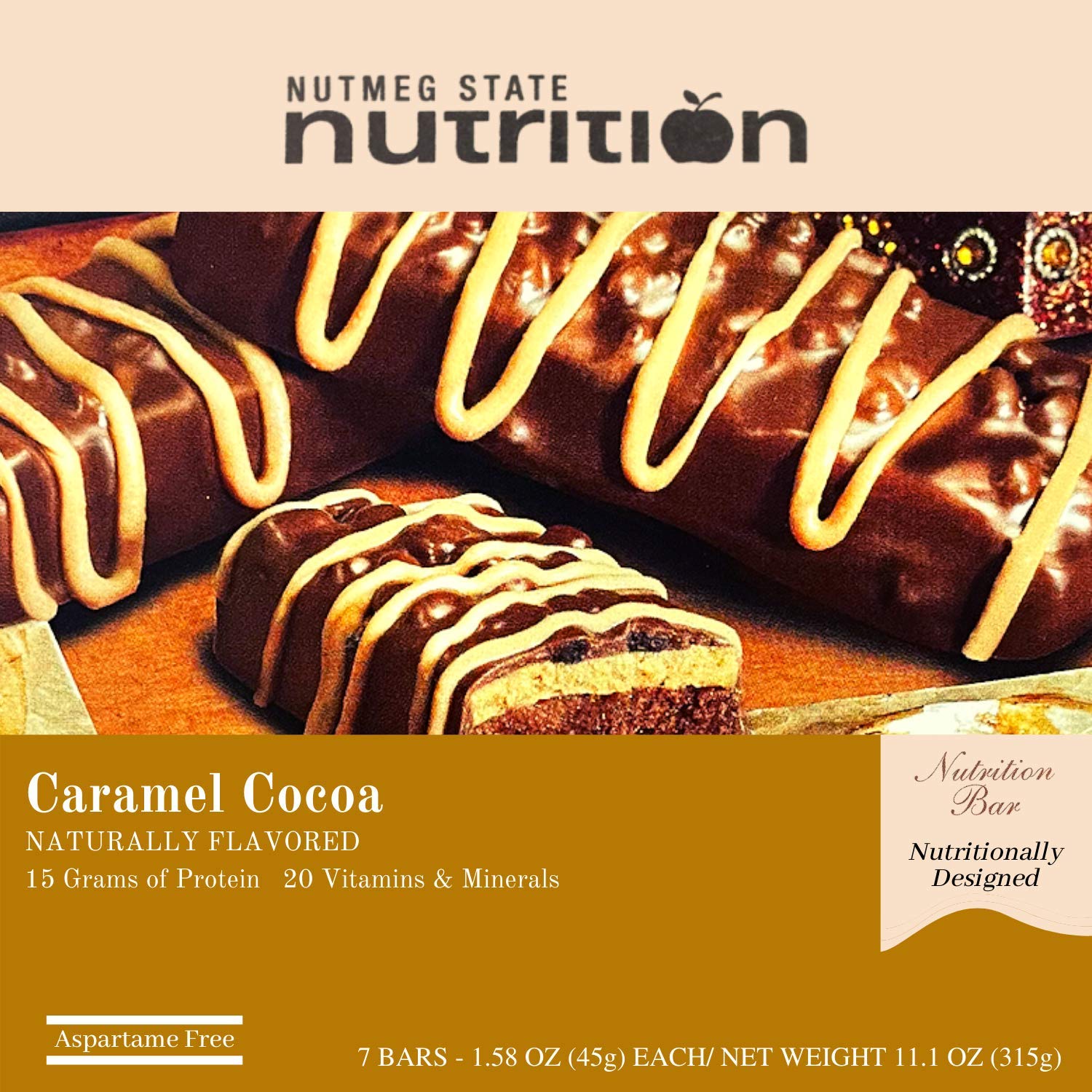 Nutmeg State Nutrition High Protein Snack and Meal Replacement Bar/Diet Bars - Caramel Cocoa (7ct) - Trans Fat Free, Aspartame Free, Kosher, High