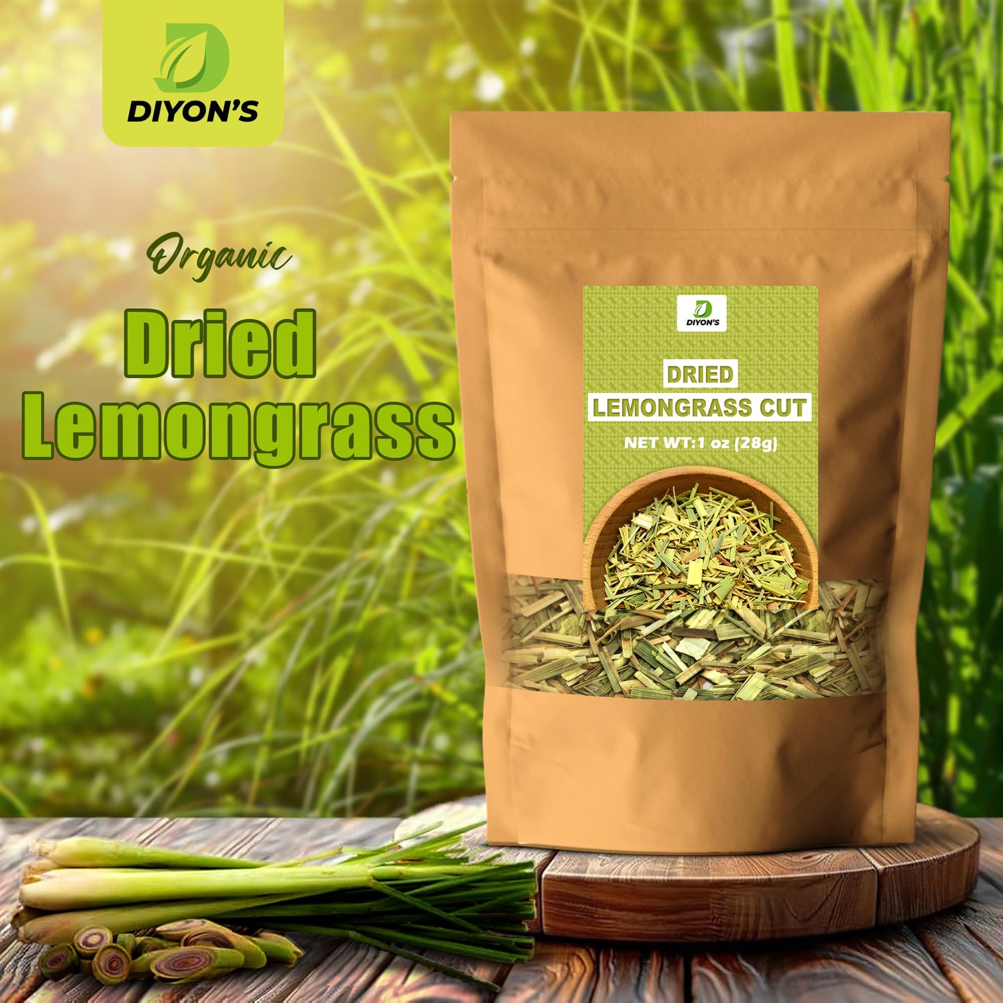Diyon's dried lemon grass cut 1 oz (28g) with stand up resealable pouch.