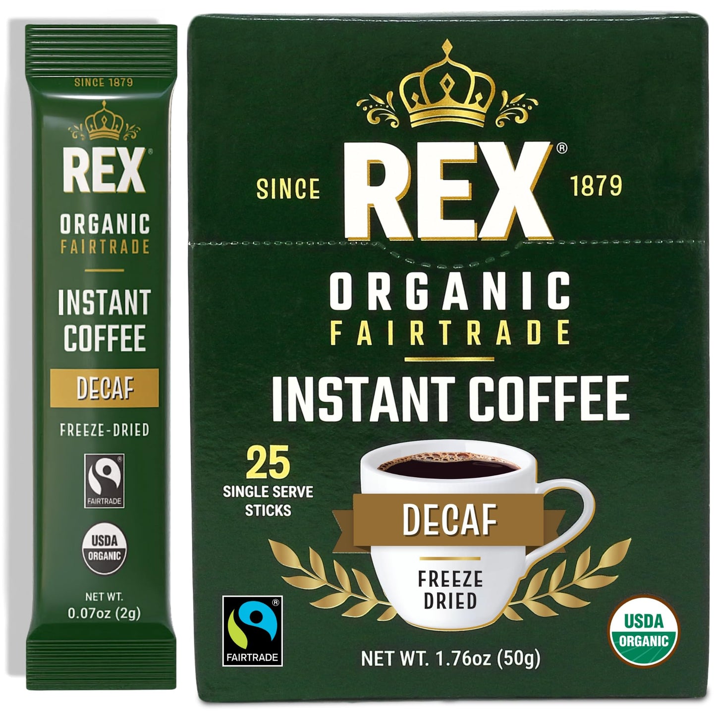 Rex Coffee Organic Fairtrade Natural Decaf Freeze-Dried Instant Sticks - Naturally Decaffeinated Arabica, 25 Single-Serve Packs - Lab Tested for Mold