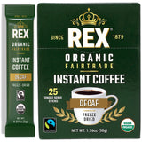 Rex Coffee Organic Fairtrade Natural Decaf Freeze-Dried Instant Sticks - Naturally Decaffeinated Arabica, 25 Single-Serve Packs - Lab Tested for Mold