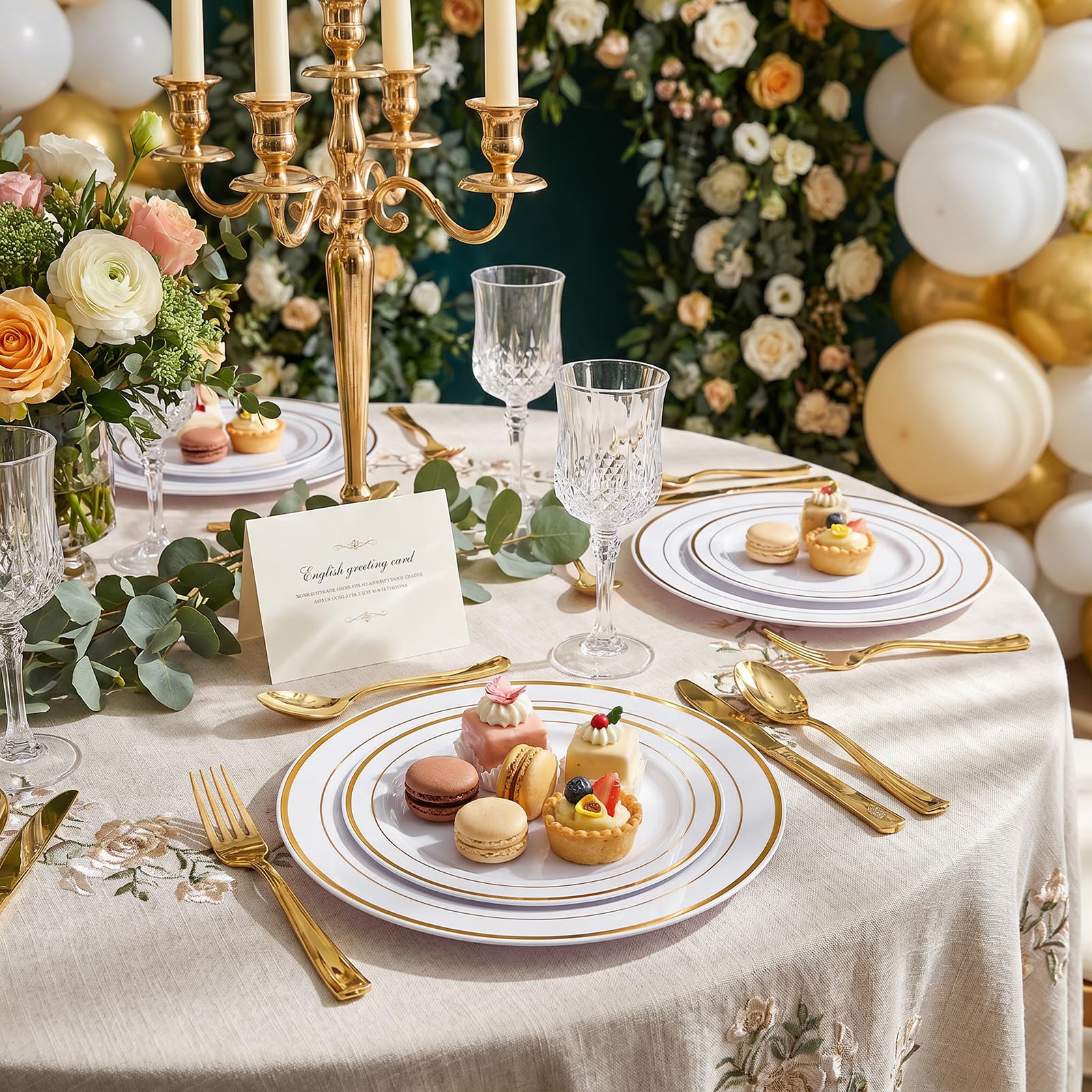 I00000 102 Pieces Gold Plastic Plates, Disposable Party Plates White Gold Rim, 51 Disposable Gold Dinner Plates 10.25 Inch and 51 Disposable Dessert