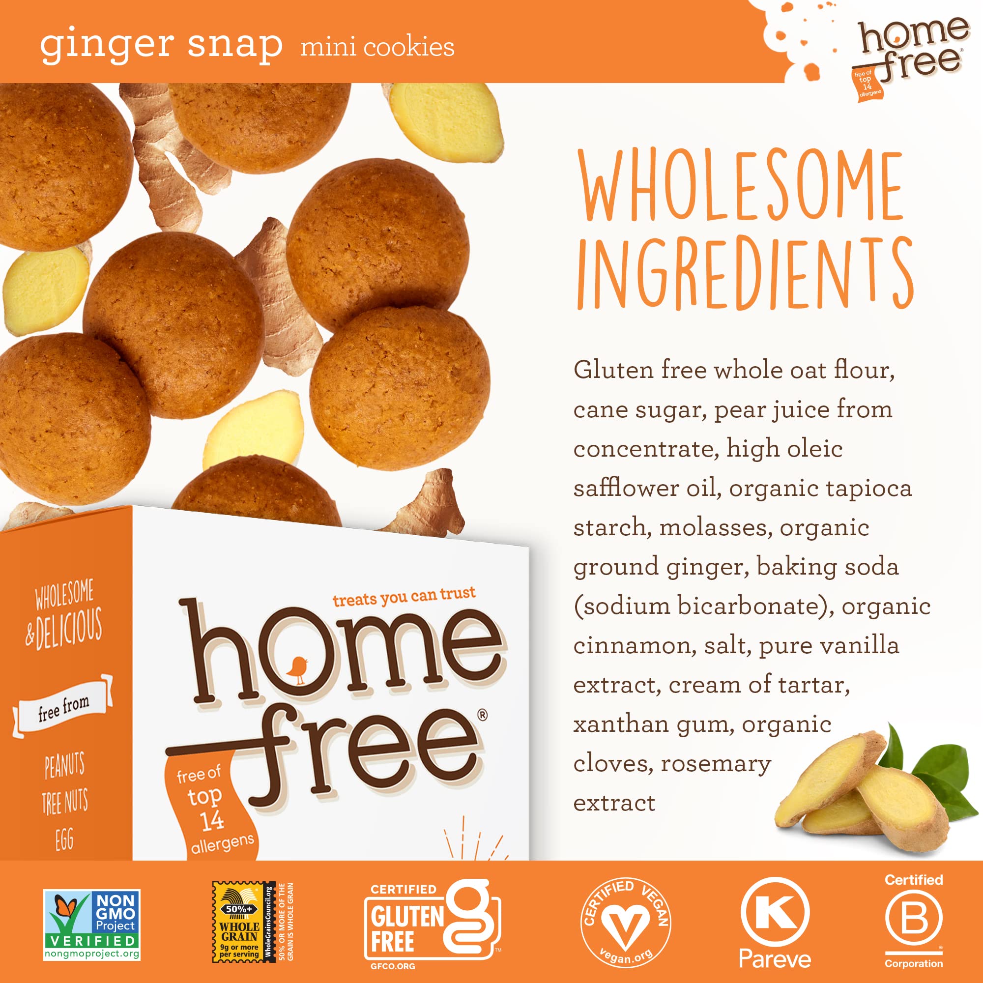Homefree Mini Ginger Snap Cookies, Gluten Free, Nut Free, Vegan, School Safe and Allergy Friendly Snack, 5 oz. (Pack of 1)