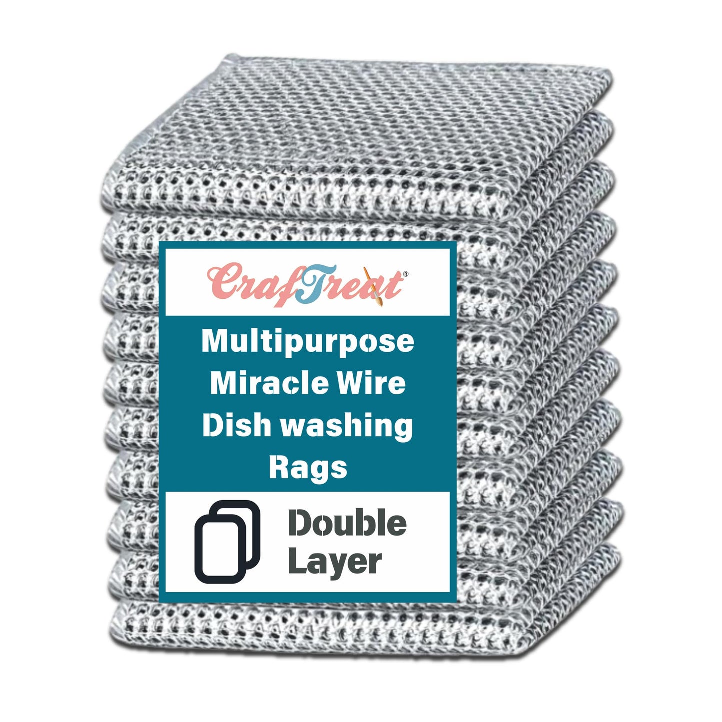 CrafTreat Non Scratch Wire Dishwashing Rag, 10 Pack Double Layer Reusable Wire Dishcloth, Silver Mesh Metal Cleaning Cloth for Pots, Pans, Sink, Steel