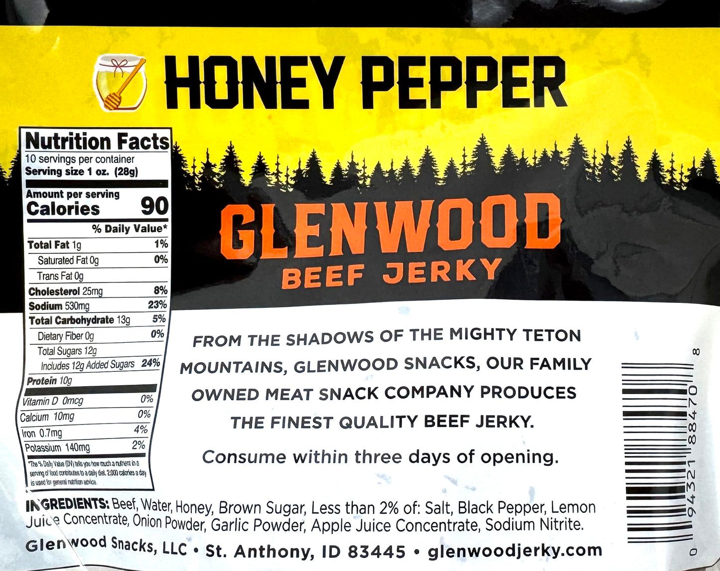 Glenwood Jerky 10oz Bag Moist and Tender Beef Jerky (Honey Pepper)