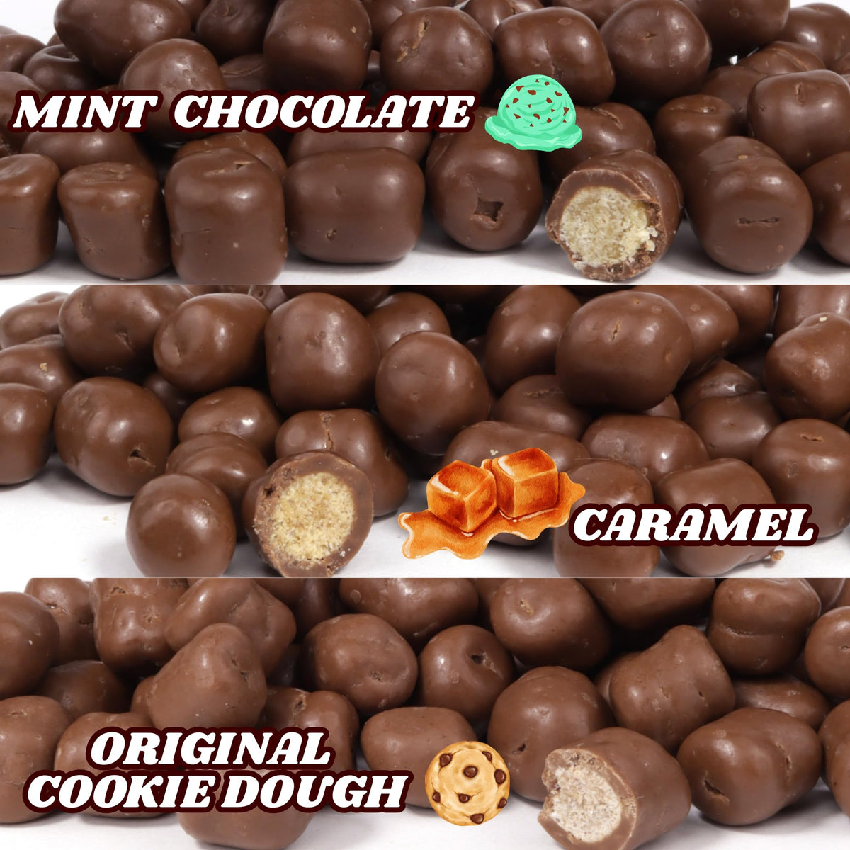 Ice Cream Cookie Dough Bites Assortment, Original, Mint Chocolate Chip, and Caramel Flavors, Movie Night Candy, 3.1 Ounces (Pack of 3)