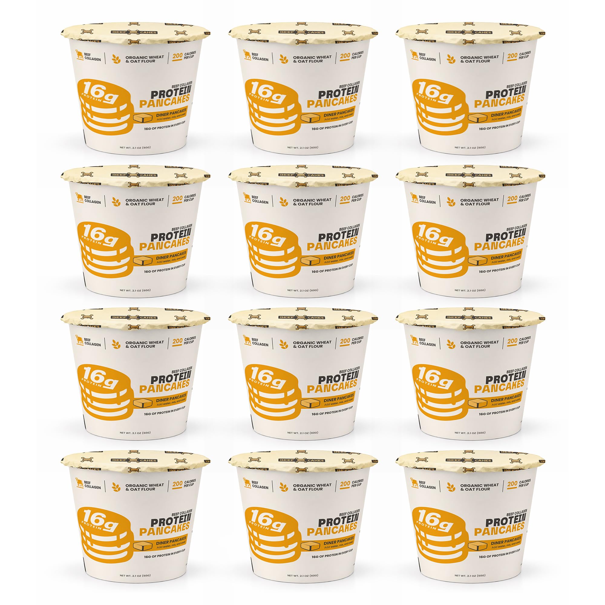 Beef Cakes Beef Collagen Protein Breakfast - 12 Pack Instant Protein Diner Pancakes with 16g Protein, Beef Collagen, Seed Oil Free, Dairy Free, Quick & Easy Breakfast in a Cup