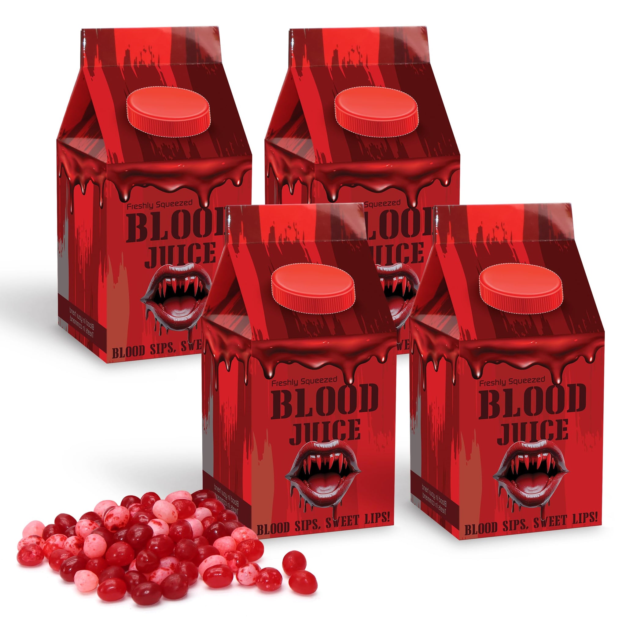 Blood Juice Halloween Jelly Beans - 4 Pack Red Bottle Cartons Filled with Red Jelly Bean Candy - Spooky Prank Novelty Gift for Party, Haunted Houses