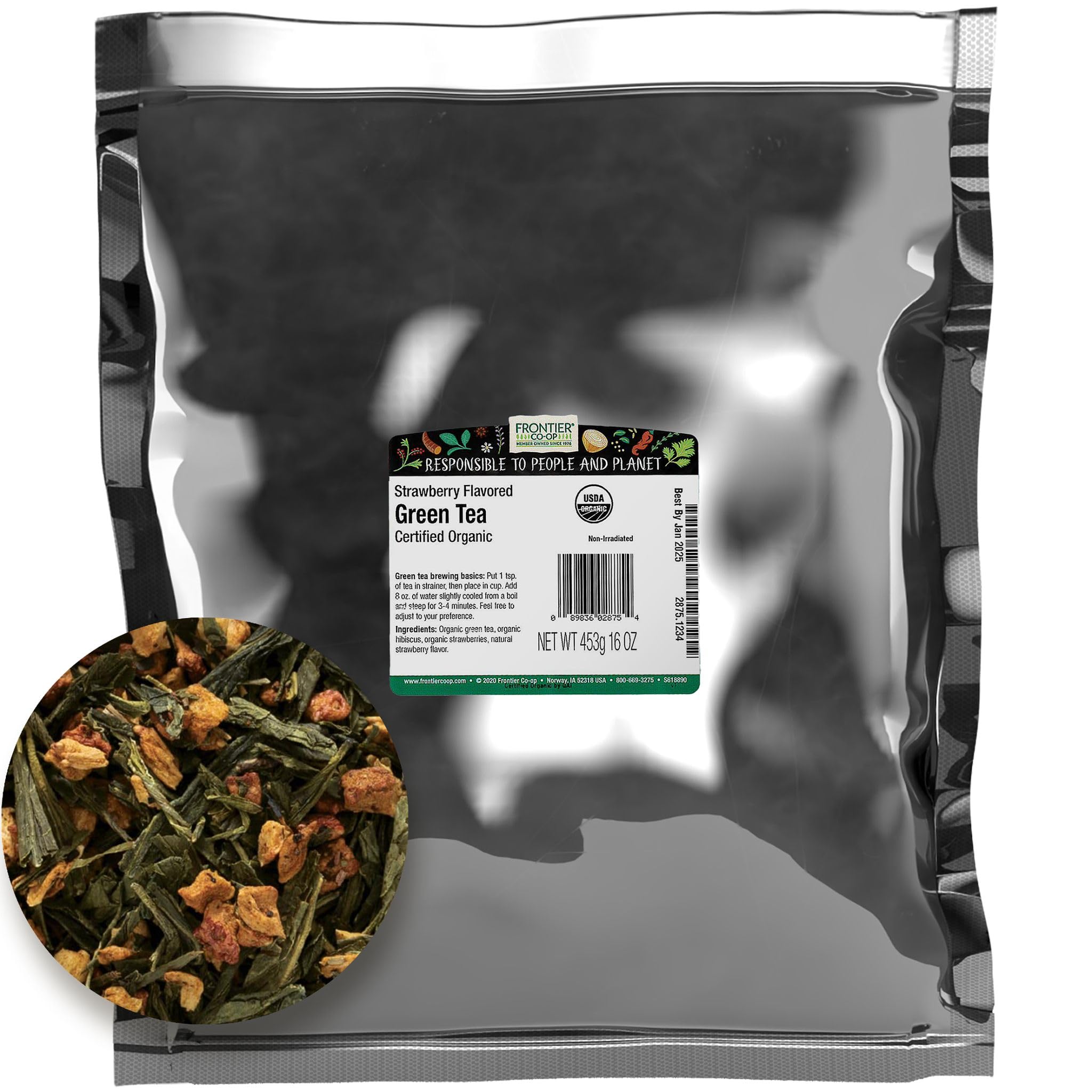 Frontier Bulk Green Tea, Strawberry Flavored, Organic, 1 Pound