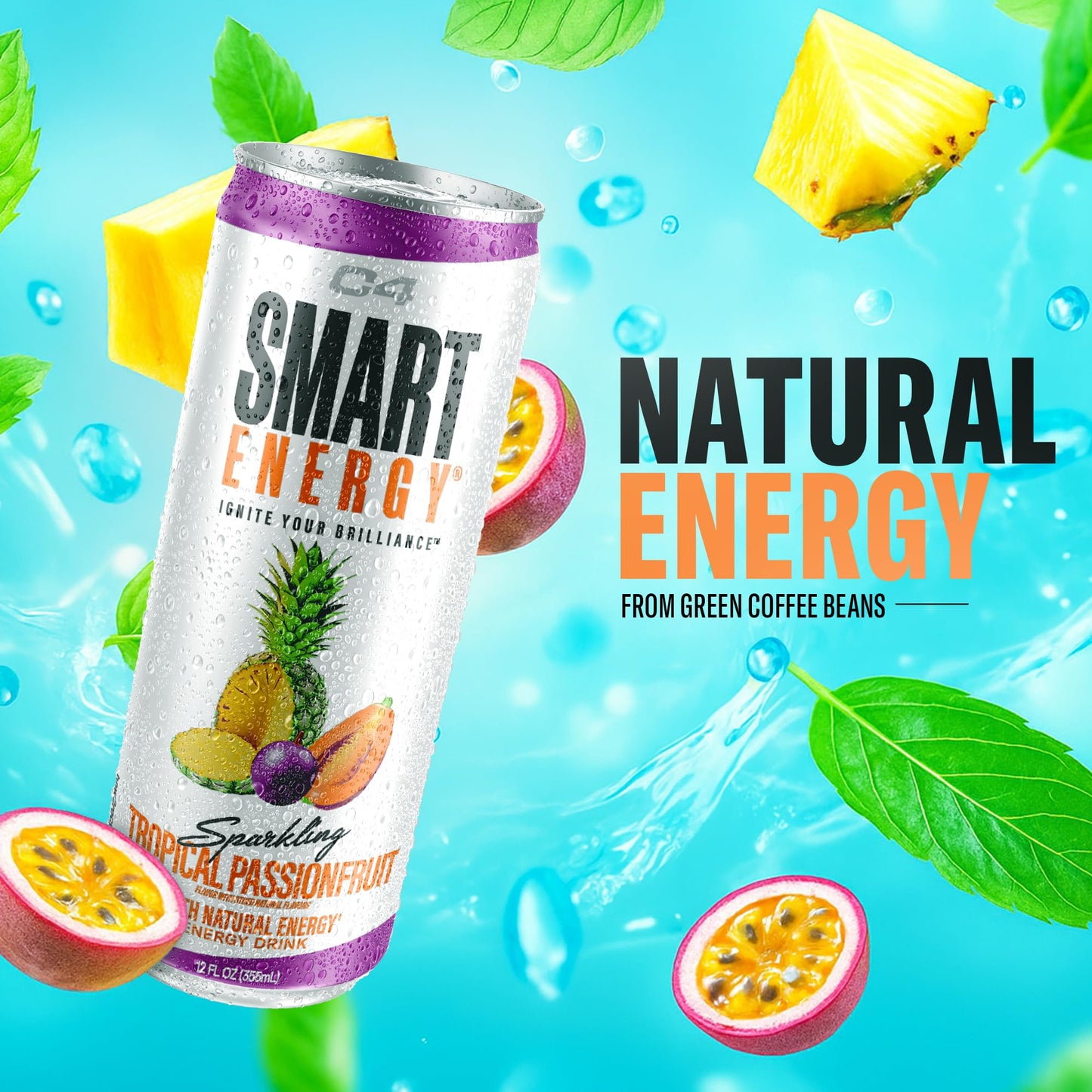 C4 Smart Energy Drink - Sugar Free Performance Fuel & Nootropic Brain Booster, Coffee Substitute or Alternative | Tropical Passionfruit 12 Oz - 12
