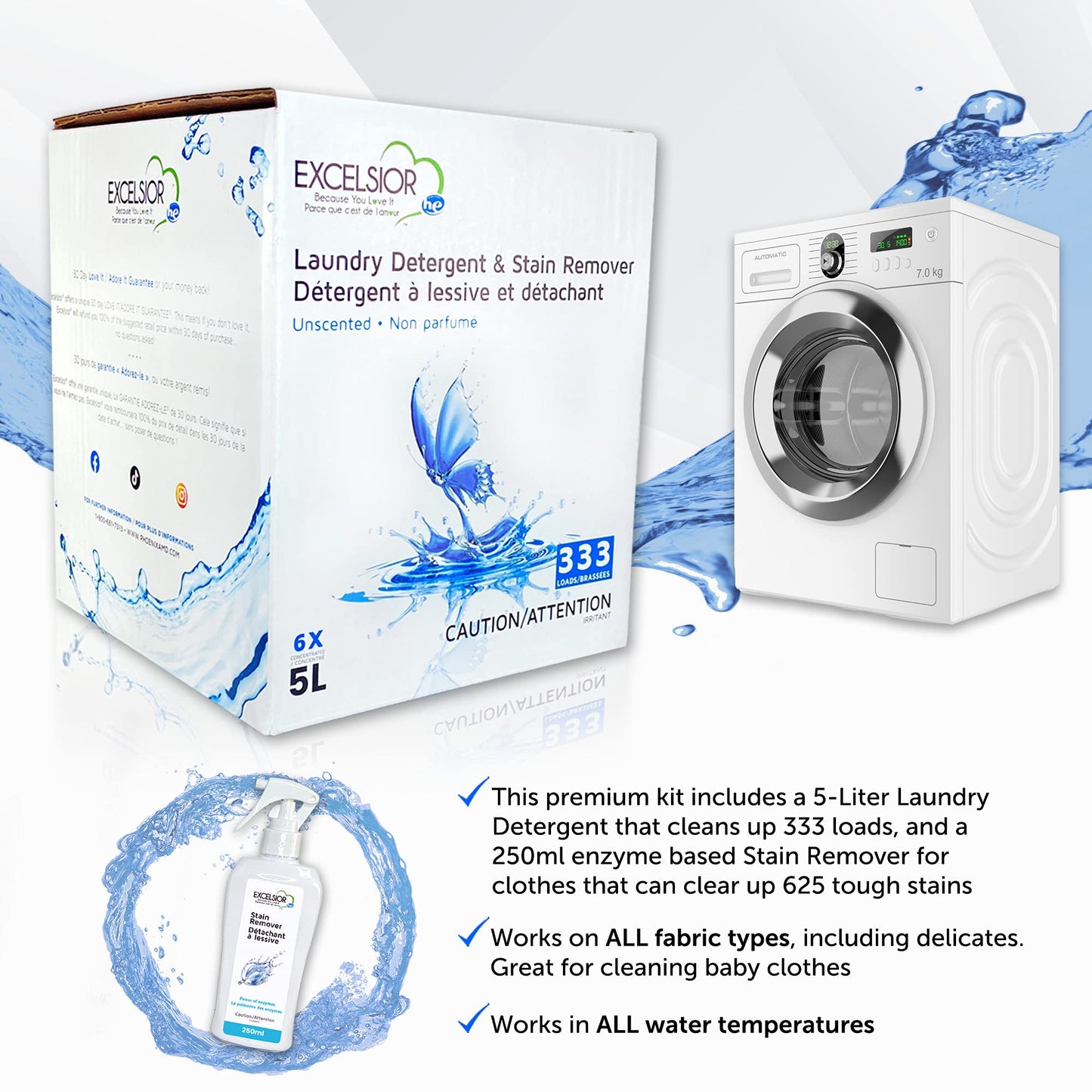 Excelsior HE Laundry Detergent Liquid Fragrance Free Concentrated 333 Loads 5 Liter With Natural Stain Remover, High Efficiency Washing Detergent