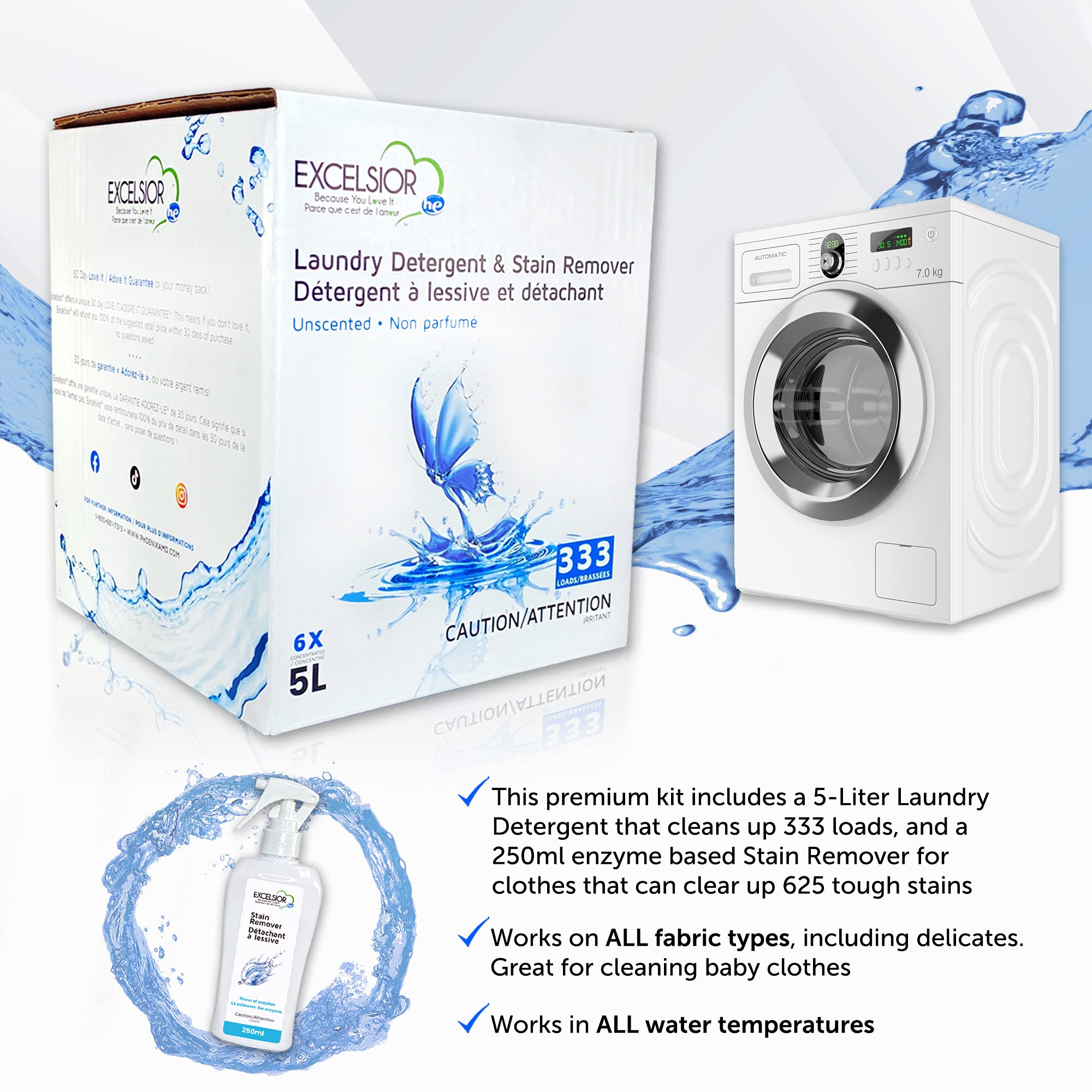 Excelsior HE Laundry Detergent Liquid Fragrance Free Concentrated 333 Loads 5 Liter With Natural Stain Remover, High Efficiency Washing Detergent