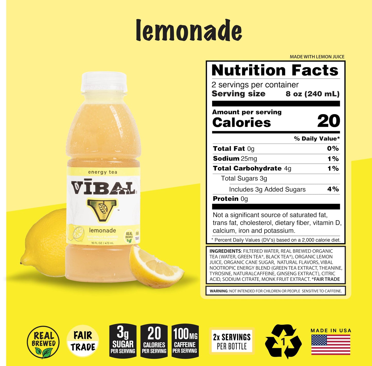 VIBAL ENERGY TEA, Lemonade, 16 Fl Oz, 6-Pack, Natural Energy, High Caffeine, Ginseng, Theanine, Low Sugar, Low Carb, Low Calorie, Adaptogens