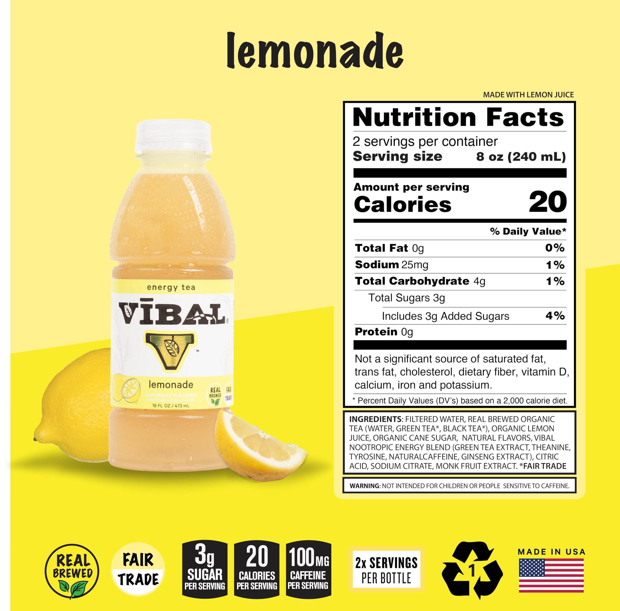 VIBAL ENERGY TEA, Lemonade, 16 Fl Oz, 6-Pack, Natural Energy, High Caffeine, Ginseng, Theanine, Low Sugar, Low Carb, Low Calorie, Adaptogens