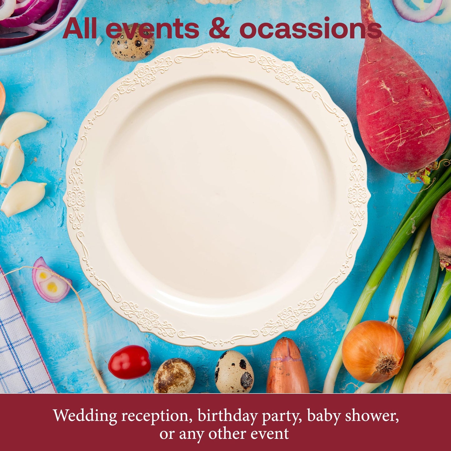 Smarty Had A Party Ivory Scalloped Plastic Dinner Plates 10 inch (120 Pieces) - Heavy Duty Disposable Plates for Wedding - Fancy Upscale Disposable