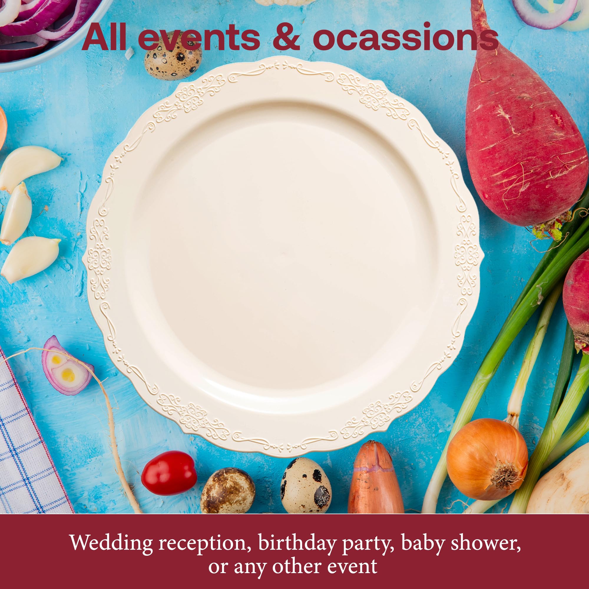 Smarty Had A Party Ivory Scalloped Plastic Dinner Plates 10 inch (120 Pieces) - Heavy Duty Disposable Plates for Wedding - Fancy Upscale Disposable