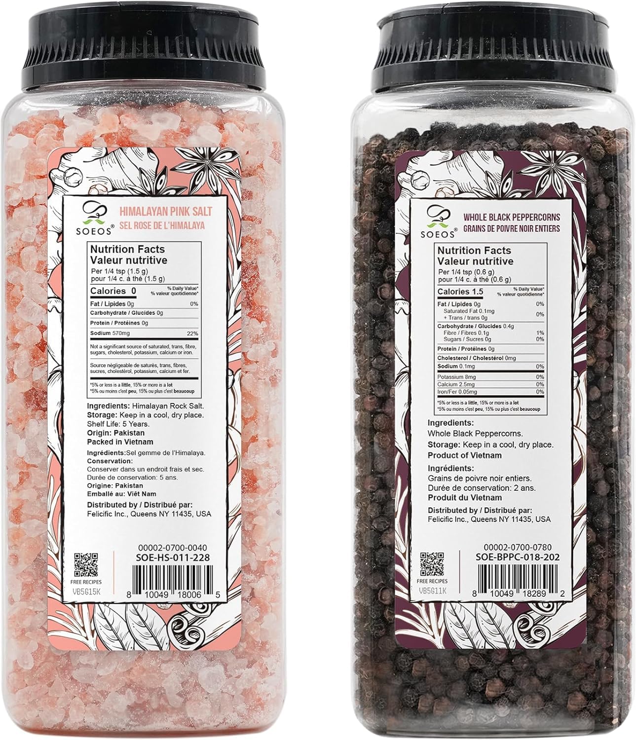 Soeos Himalayan Pink Salt 39 oz + Whole Black Peppercorns 18 oz, Coarse Grain, Kosher Salt for Grinder Refill, Salt and Pepper Grinder, Non-GMO