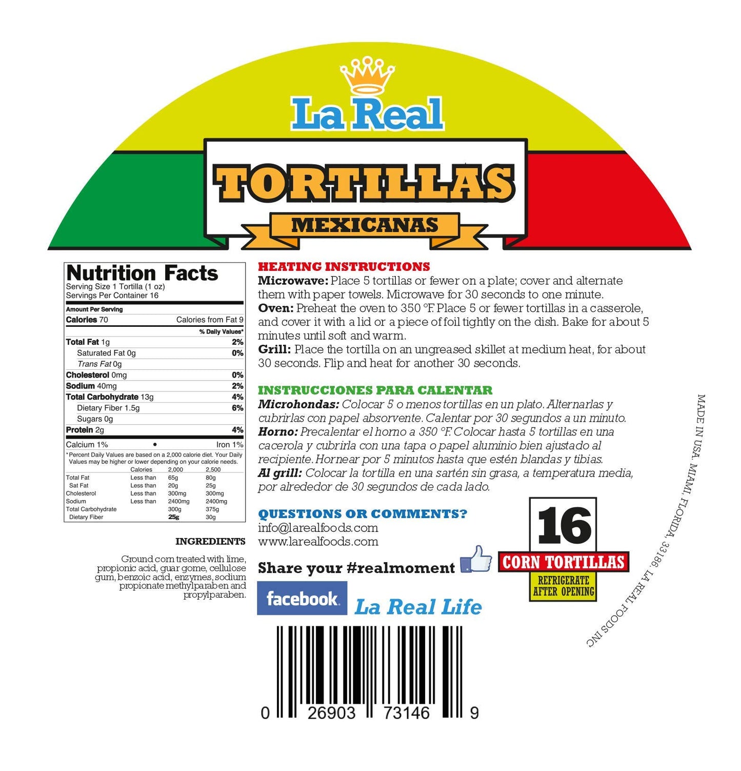La Real Corn Tortillas Mexicanas | gluten-free | no trans fat| cholesterol free | 16 count