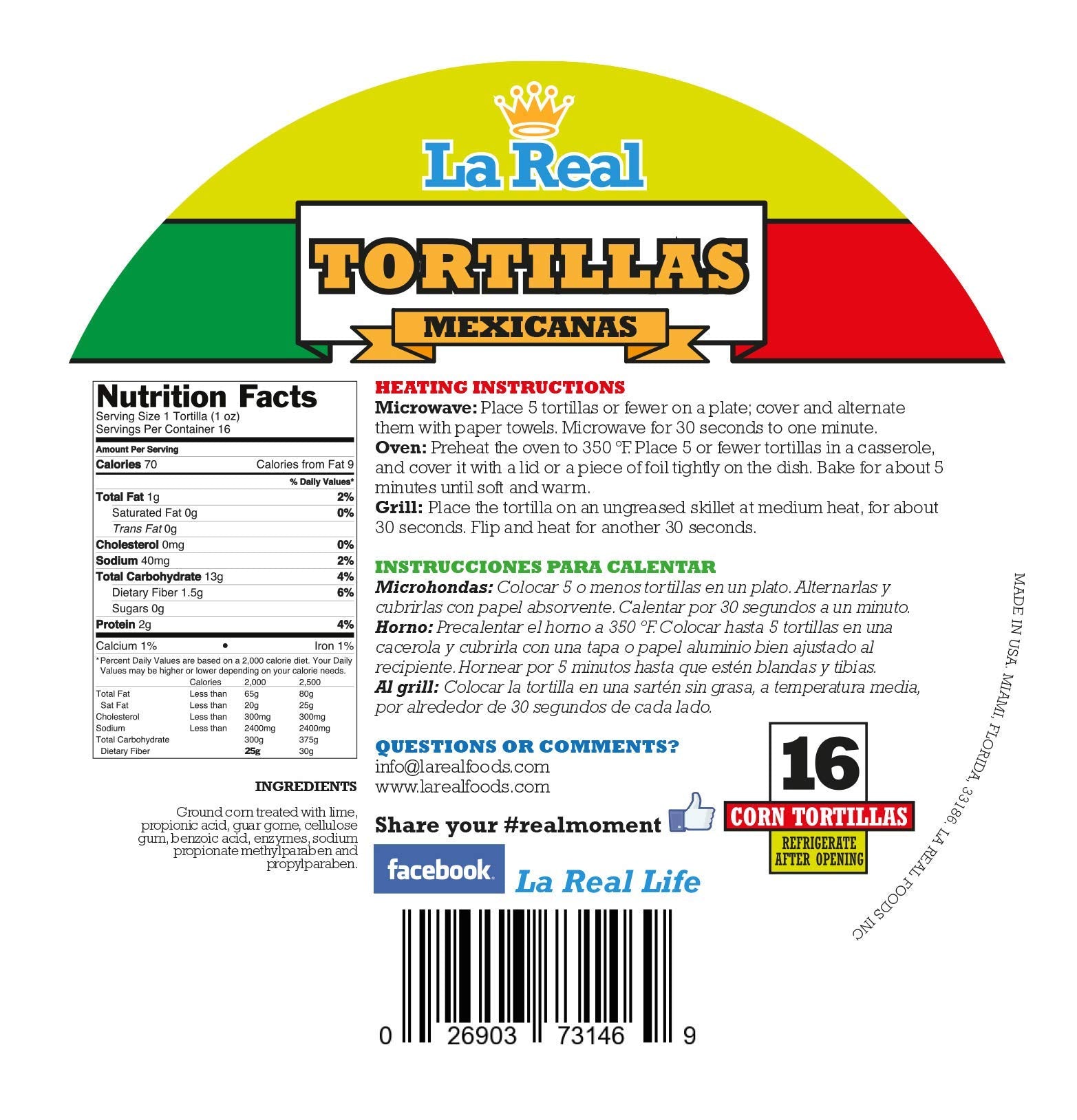La Real Corn Tortillas Mexicanas | gluten-free | no trans fat| cholesterol free | 16 count