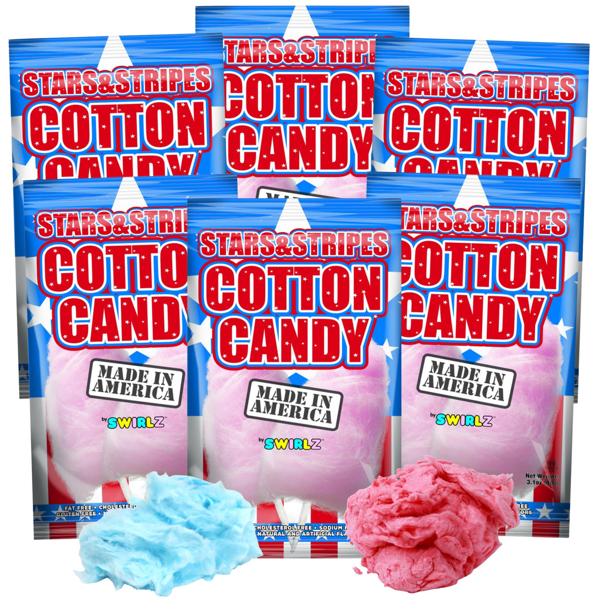 Cherry and Blue Raspberry Cotton Candy, Festive Independence Day Sugar Floss, (Pack of 6)