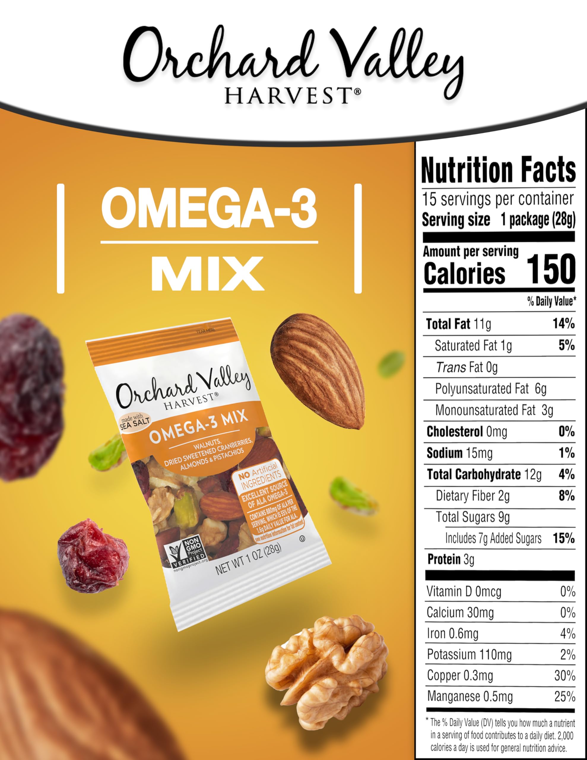 Orchard Valley Harvest Omega-3 Mix, 1 Ounce Bags (Pack of 15), Walnuts, Cranberries, Almonds, and Pistachios, Gluten Free, Non-GMO, No Artificial
