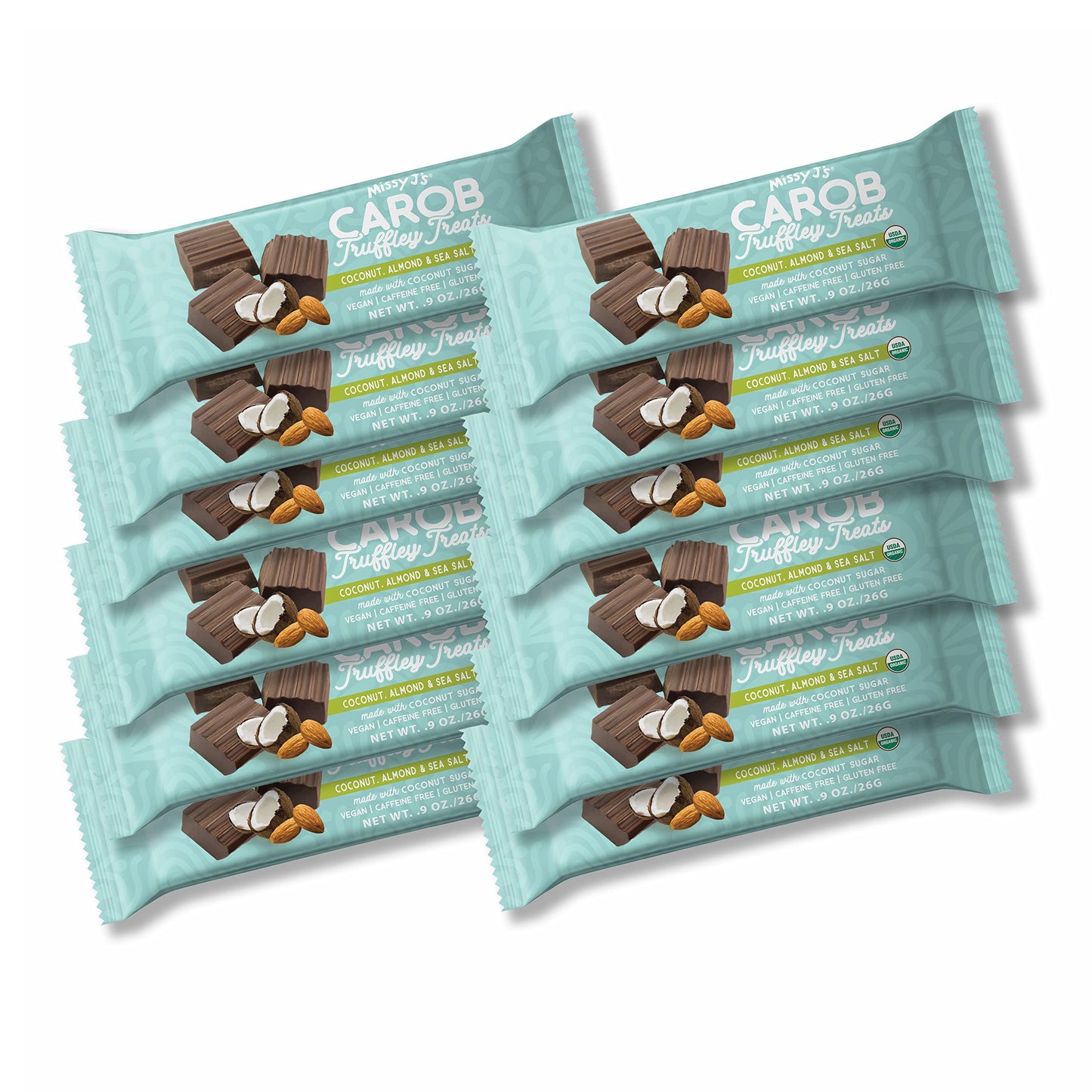 Missy J's Organic Carob Coconut, Almond and Sea Salt Truffley Treats 12 Pack, Vegan Gluten and Caffeine free, Healthy Substitute for Chocolate