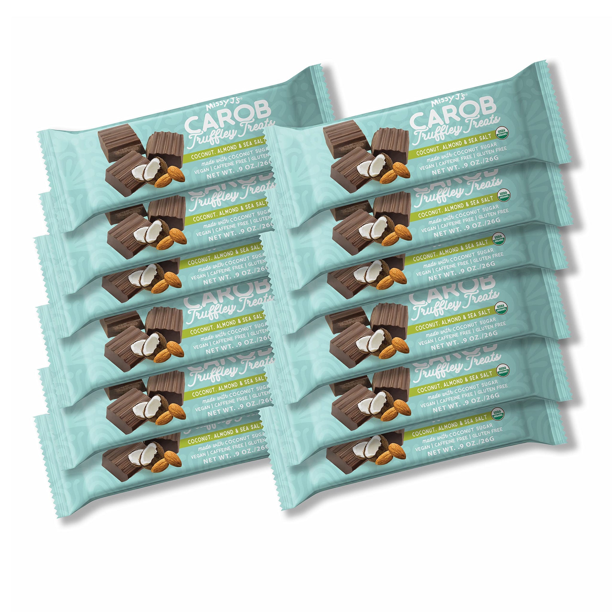 Missy J's Organic Carob Coconut, Almond and Sea Salt Truffley Treats 12 Pack, Vegan Gluten and Caffeine free, Healthy Substitute for Chocolate