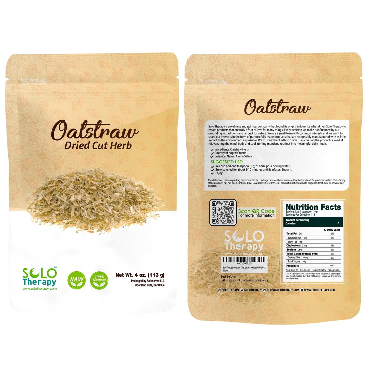 Solo Therapy Oatstraw Dried Cut Herb 4 oz, Avena Sativa, Oatstraw Tea, Resealable Bag, Product from Croatia, Packaged in The USA