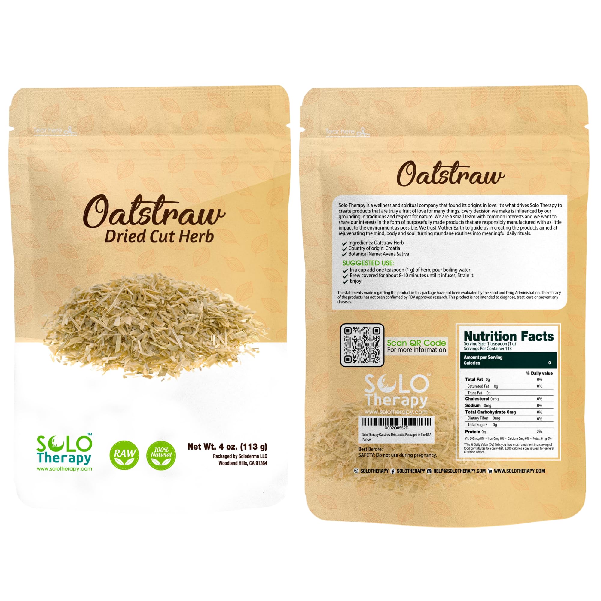 Solo Therapy Oatstraw Dried Cut Herb 4 oz, Avena Sativa, Oatstraw Tea, Resealable Bag, Product from Croatia, Packaged in The USA