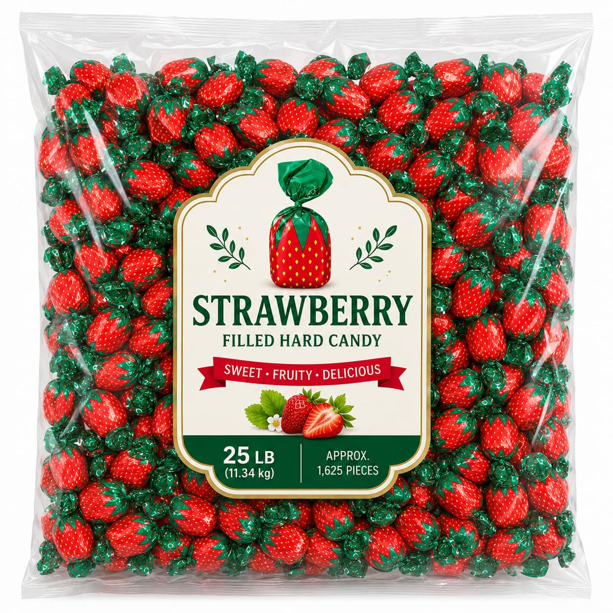 Strawberry Filled Bon Bon Hard Candy, Individually Wrapped - 25 lb (Approx. 2,250 pieces)