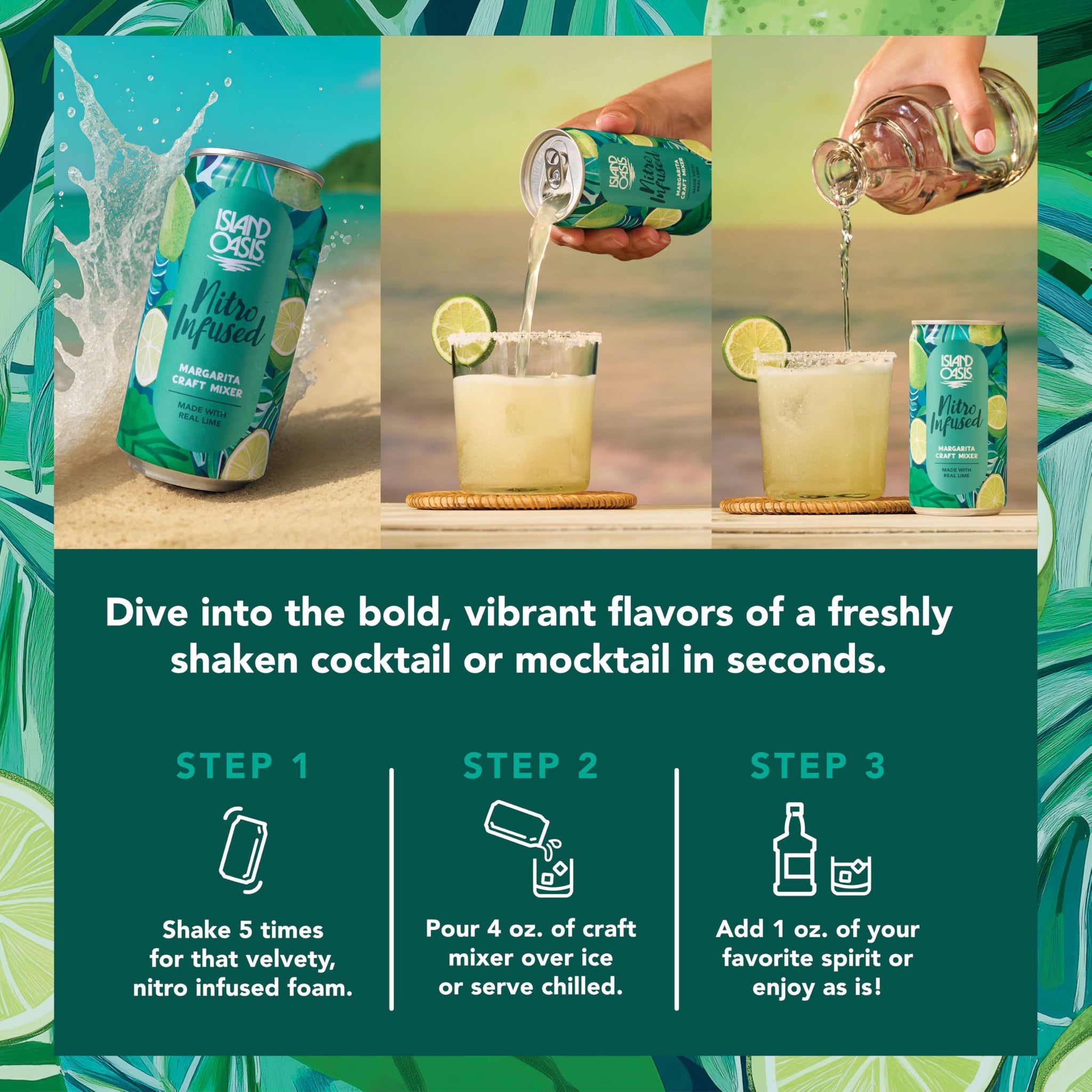 Island Oasis Nitro Infused Margarita Craft Mixer, 8.4 fl oz, pack of 4, Naturally Flavored Mocktail & Non-Alcoholic Mixer