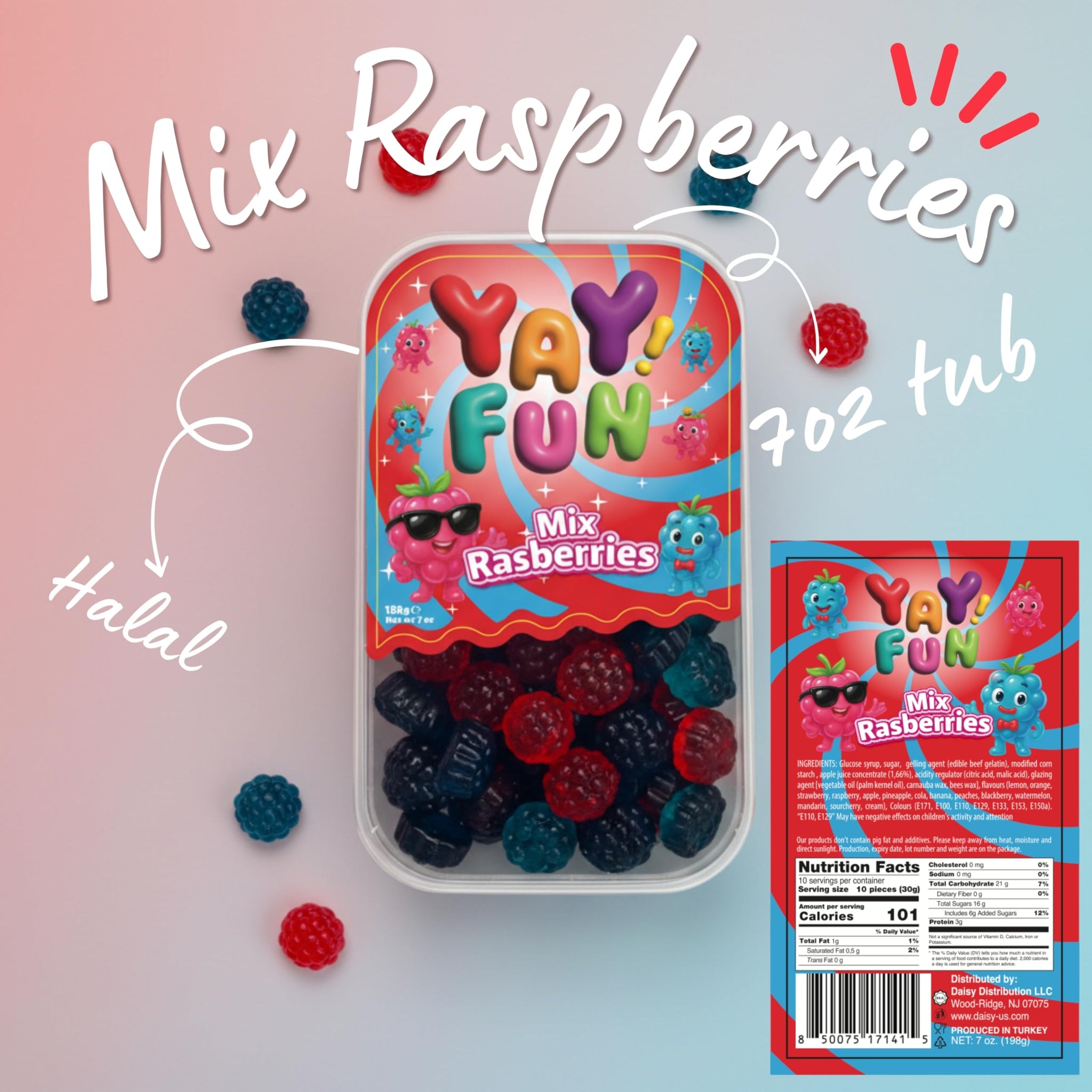 Halal Mix Raspberry Gummy | 6 Pack Bundle (6x7 oz Tubs) | Soft & Chewy Red & Blue Raspberry Gummies | Resealable Tubs in Bulk with Display Box | Halal
