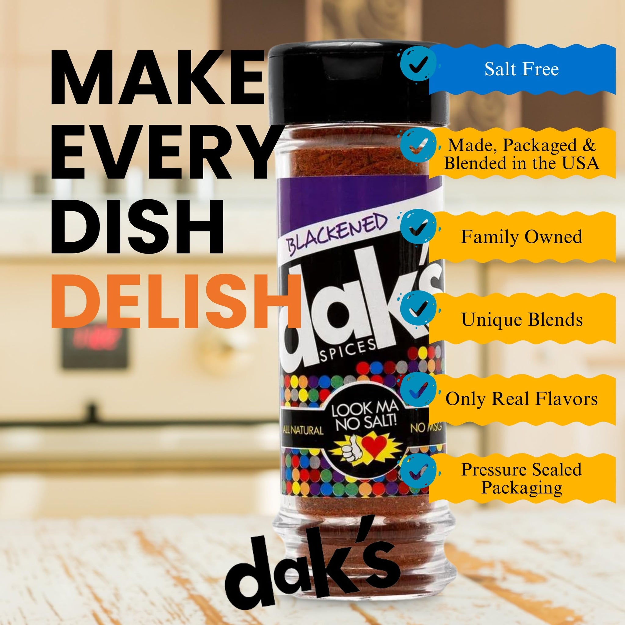DAK's Spices Blackened Mouth Watering Seasoning Blend | 100% Salt Free | Premium & Healthy Seasoning | MSG Free, Preservative Free, Potassium Chloride