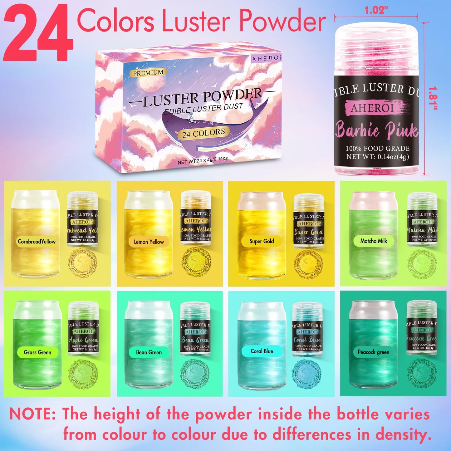 Aheroi Edible Glitter, 24 Colors Luster Dust Edible, Cocktail Glitter Luster Dust Sprinkles Drink Glitter Set, Shimmering Glitters Powder for Fondant