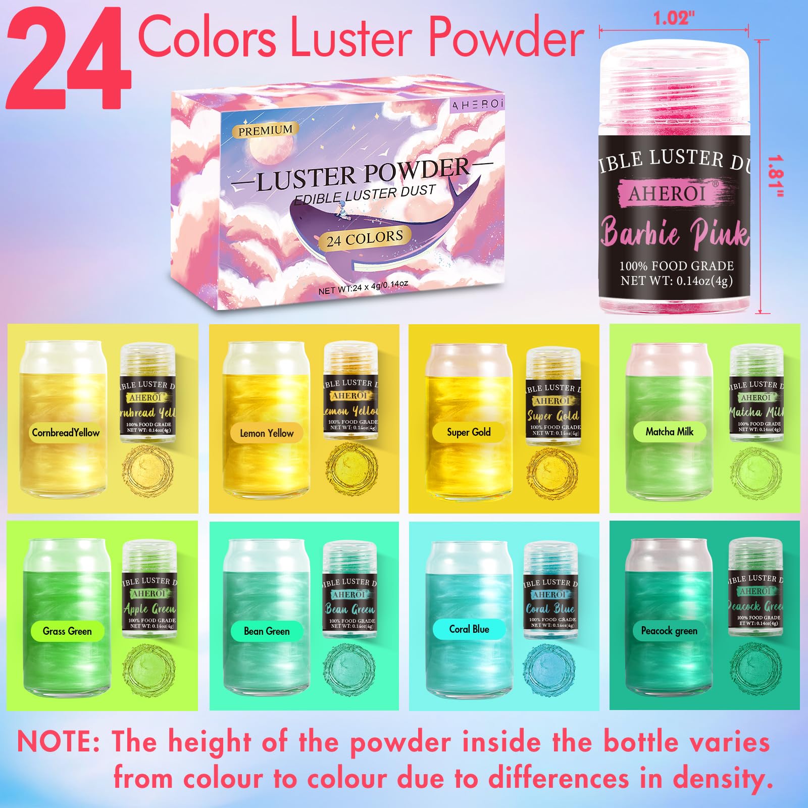 Aheroi Edible Glitter, 24 Colors Luster Dust Edible, Cocktail Glitter Luster Dust Sprinkles Drink Glitter Set, Shimmering Glitters Powder for Fondant
