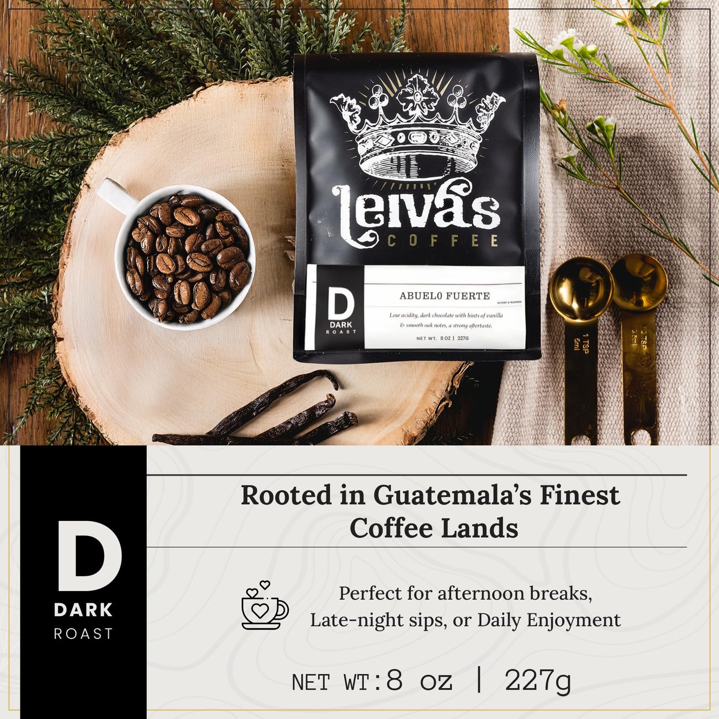 Leiva’s Dark Roast Whole Bean Coffee (8 Oz) - Freshly Roasted, Micro-Lot Guatemalan Beans - Abuelo Fuerte Whole Beans w/Chocolate & Caramel Notes