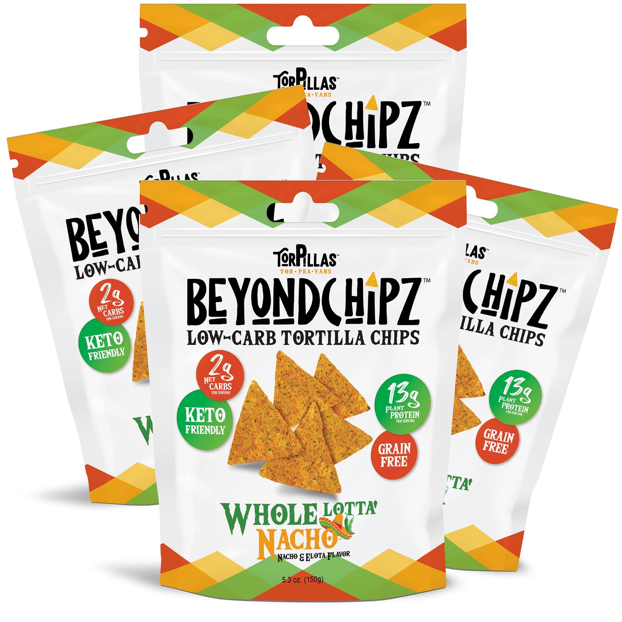BeyondChipz Low Carb Tortilla Chips, Whole Lotta' Nacho, Keto Friendly, Gluten Free, 5.3oz Pouch, Pack of 4