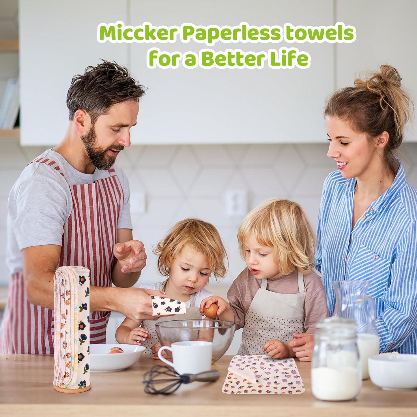 Mikccer Reusable Paper Towels Washable Roll, 25 Packs Washable Cotton Prints Flannel Paper Towels, 10 X 10in Super Soft, Absorbent, Fits All Holders
