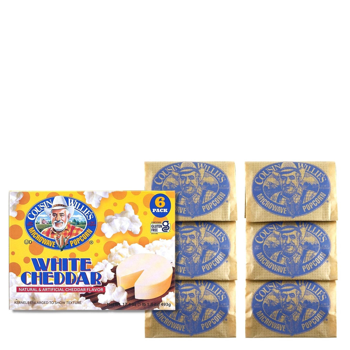 Cousin Willie's Microwave Popcorn Bags, White Cheddar (6 bags), Gourmet Popcorn Boxes for Party, Whole Grain Popcorn, Gluten Free, Low Calorie Healthy