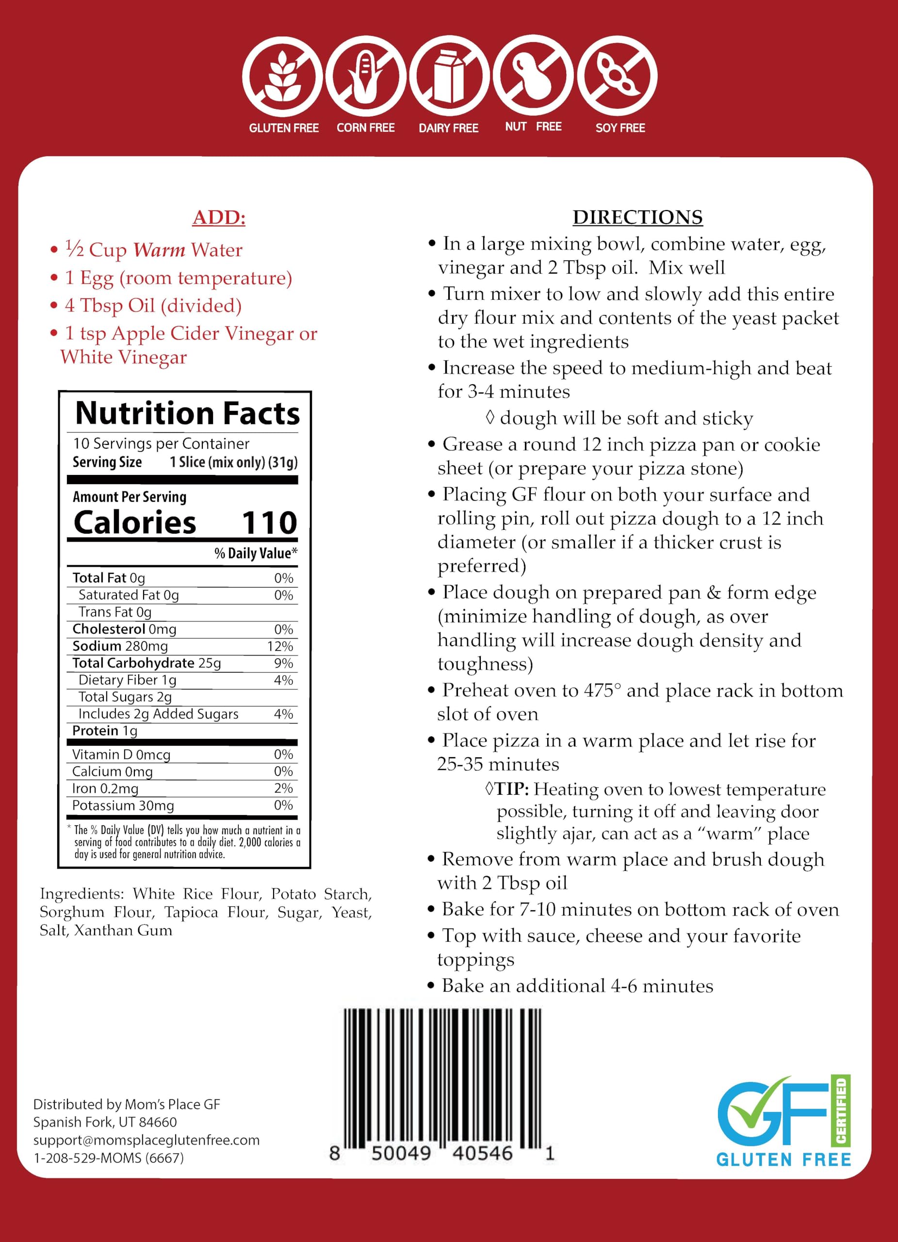 Mom's Place Gluten-Free Classic Pizza Dough Mix - Gluten Free, Dairy Free & Nut Free - Makes 1 Pizza Crust, 11.1 oz