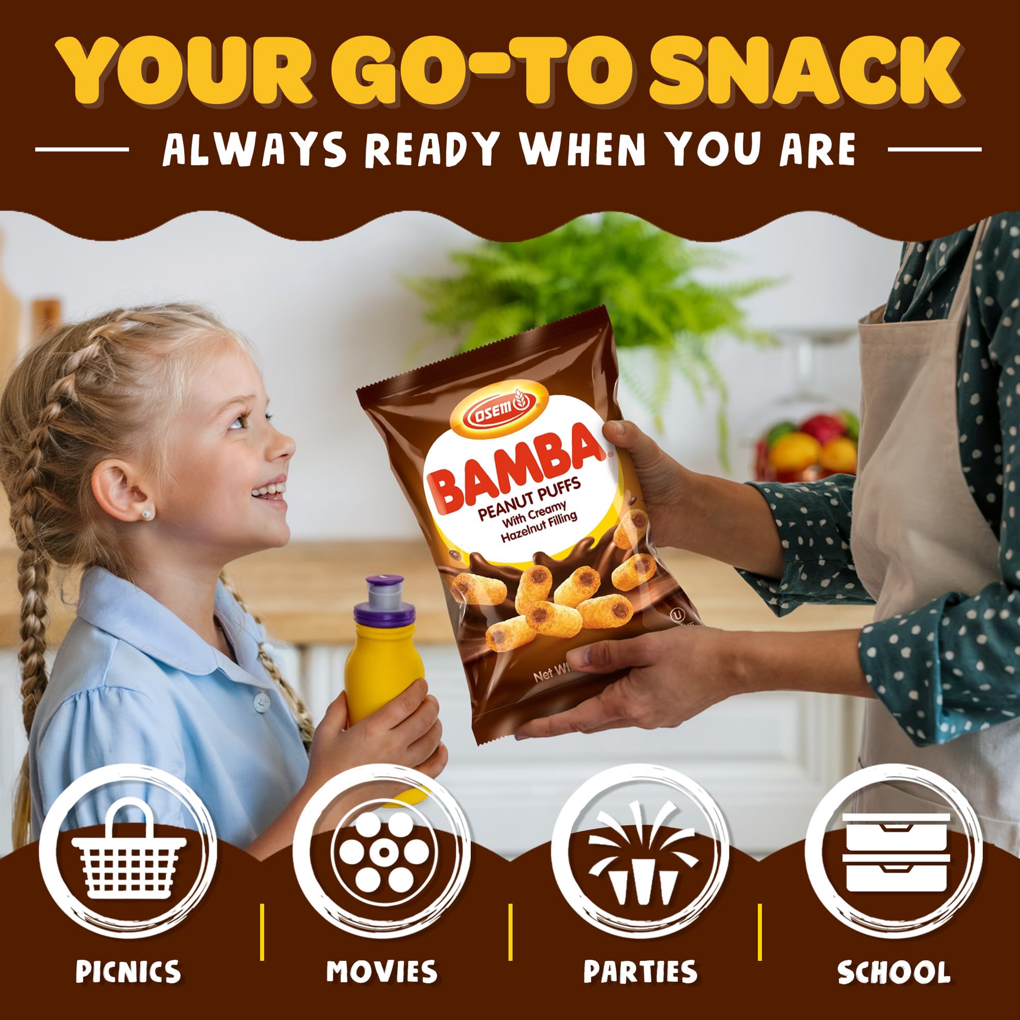 Osem Bamba Peanut Butter Puffs with Creamy Hazelnut Filling - Kosher Crunchy PB Snack with Chocolate Center, Oven Baked Treat with a Crunch - 2.1 oz