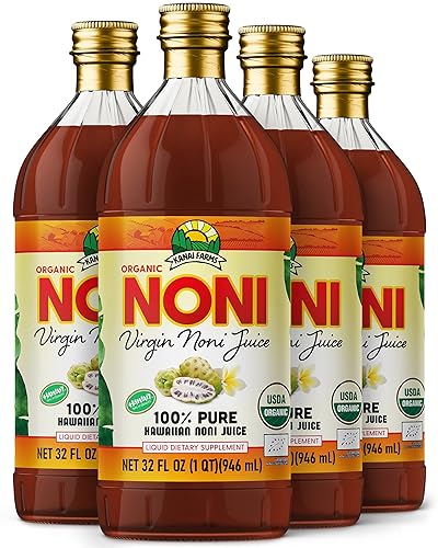 Virgin Noni Juice - 100% Pure Organic Hawaiian Noni Juice - 4 Pack of 32oz Glass Bottles